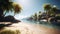 Idyllic tropical coastline, palm tree, blue water, sunset, relaxation generated by AI
