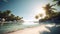 Idyllic tropical coastline, palm tree, sand, water, sunset, relaxation generated by AI