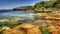 Idyllic tropical coastline, tranquil waters edge, green pine tree reflection. generated by AI