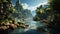 Idyllic tropical rainforest, green trees, mountains, water, and peacefulness generated by AI