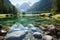 Idyllic view of alpine lake with crystal clear water and mountains in background