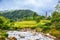 Idyllic view in Glendalough Valley, County Wicklow, Ireland. Mountains, lake and tourists walking paths