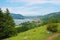 Idyllic view from high trail to Schliersee lake and tourist resort, upper bavaria