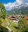 Idyllic view to Mittenwald tourist resort from hiking path. Karwendel alps background