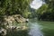 Idyllic view to Rio Claro canyon with lush green vegetation and rocks, Doradal, Colombia