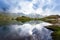 Idyllic view with typical lodges on Balea Lake shore in Fagaras