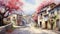 Idyllic Watercolor European Village with Cobblestone Streets and Flowering Trees AI Generated