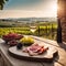 Idyllic winery scene with wine glass and scenic vineyard view at sunset. AI