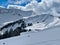 Idyllic winter landscape in the Austrian Alps. Bregenzerwald, Vorarlberg.