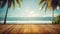 Idyllic wooden board surrounded by panoramic summer sea and palm tree.