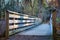 Idyllic wooden bridge above a tranquil stream amongst a picturesque forest of tall trees