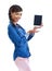 If you havent seen this, youre missing out. Studio shot of a young woman showing you a digital tablet isolated on white.