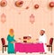 Iftar celebration concept with Islamic family enjoying feast and