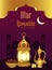 Iftar lantern, tea pot and dates palm fruit put on golden tray. Ramadan Kareem or Eid Mubarak Design Background