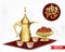Iftar party food with classic arabic teapot and cup, bowl of dates on white background. 3d vector illustration