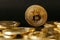 Igital Currency. Gold Bitcoin Coins On Dark Background