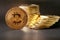 Igital Currency. Gold Bitcoin Coins On Dark Background