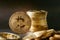 Igital Currency. Gold Bitcoin Coins On Dark Background