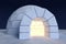 Igloo icehouse with warm light inside under sky with night stars