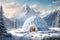 Igloo in snowfield with snowy mountain