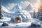 Igloo in snowfield with snowy mountain