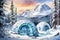 Igloo in snowfield with snowy mountain