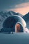 igloo with snowy mountain background, generative ai