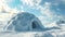 An igloo surrounded by snowy landscape under a cloudy sky