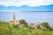 Igrane village on Makarska riviera church tower and waterfront view