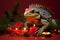 An iguana in a Christmas setup. Studio portrait, winter festive season template