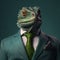 Iguana wearing a suit and tie on a green background.