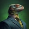 Iguana wearing a suit and tie on a green background.