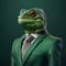 Iguana wearing a suit and tie on a green background.
