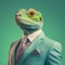 Iguana wearing a suit and tie on a green background.