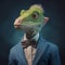 Iguana wearing a suit and tie on a green background.