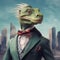 Iguana wearing a suit and tie on a green background.
