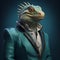 Iguana wearing a suit and tie on a green background.