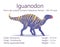 Iguanodon. Ornithischian dinosaur. Colorful vector illustration of prehistoric creature iguanodon and description of