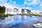 Iguazu waterfalls in Argentina, view from Devil`s Mouth. Panoramic view of many majestic powerful water cascades with mist.