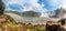 Iguazy Falls panorama with waterfalls cascades steam and rainbow