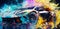 Iillustration of a futuristic sports car surrounded by colorful splashes