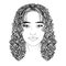 IIllustration of a girl with long curly hair, eyes, eyebrows and eyelashes. Realistic makeup. Hairstyle in the form of a