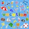 Iillustration with a set of simple colored icons of patches on the subject of vacation on blue background