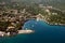 Ika bay and long natural grit sand beach air photo in Croatia