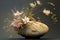 Ikebana japanese flower art. Beautiful flower composition on the table with colourful background