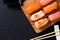 Ikura salmon roe on prawn sushi and sashimi sushi