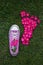 Ilac gym shoe and footprint made of pink rose flowers on green grass