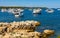 Ile Sainte Marguerite and Saint Honorat island panorama with and yachts on Mediterranean Sea waters offshore Cannes in France
