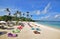 Ilig Iligan Beach in the Western Visayas, Philippines with large colourful bean bags with few tourists during the covid19 pandemic