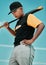 Ill have better luck next time. Shot of a young baseball player holding a baseball bat while posing outside on the pitch